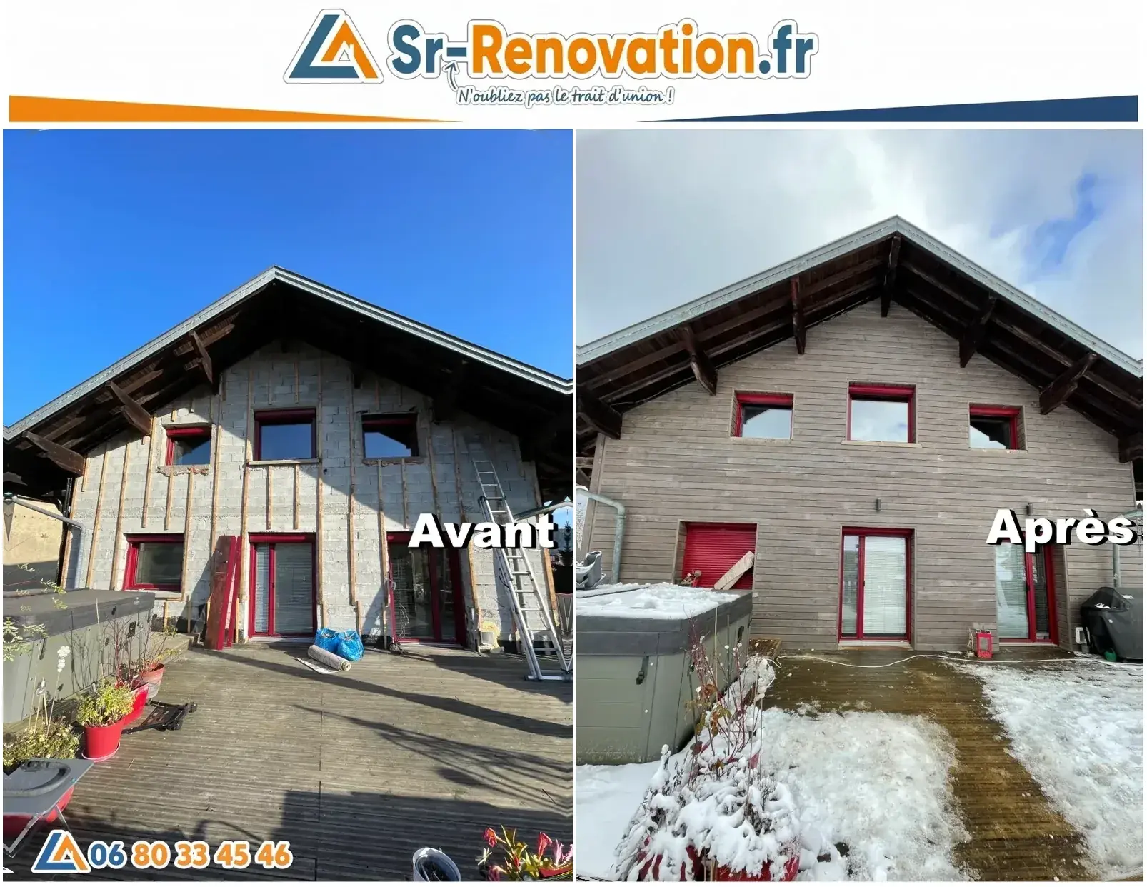 Avant/après bardage bois sur façade de chalet à Morbier