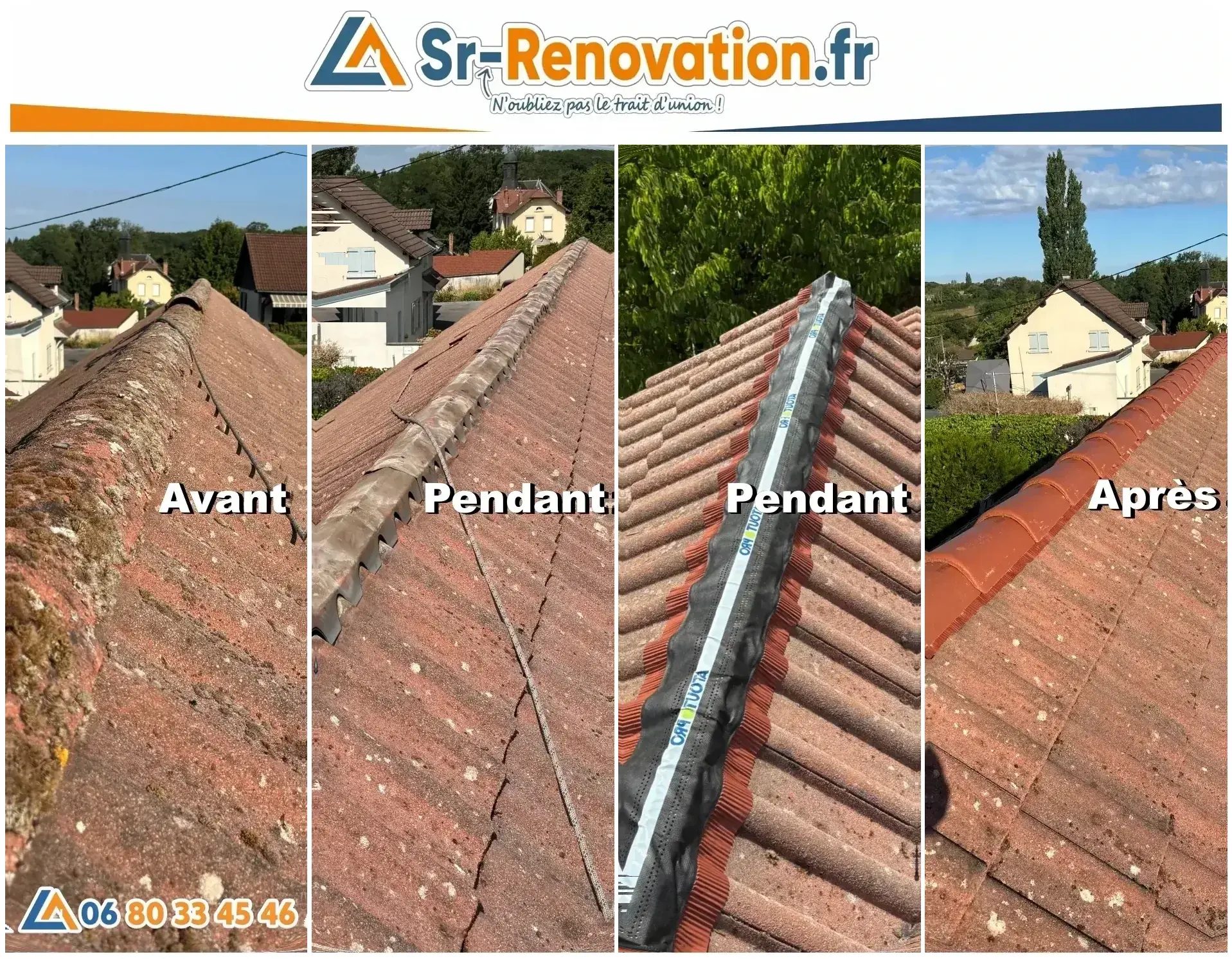 Avant/après réfection complète faîtage à Besançon