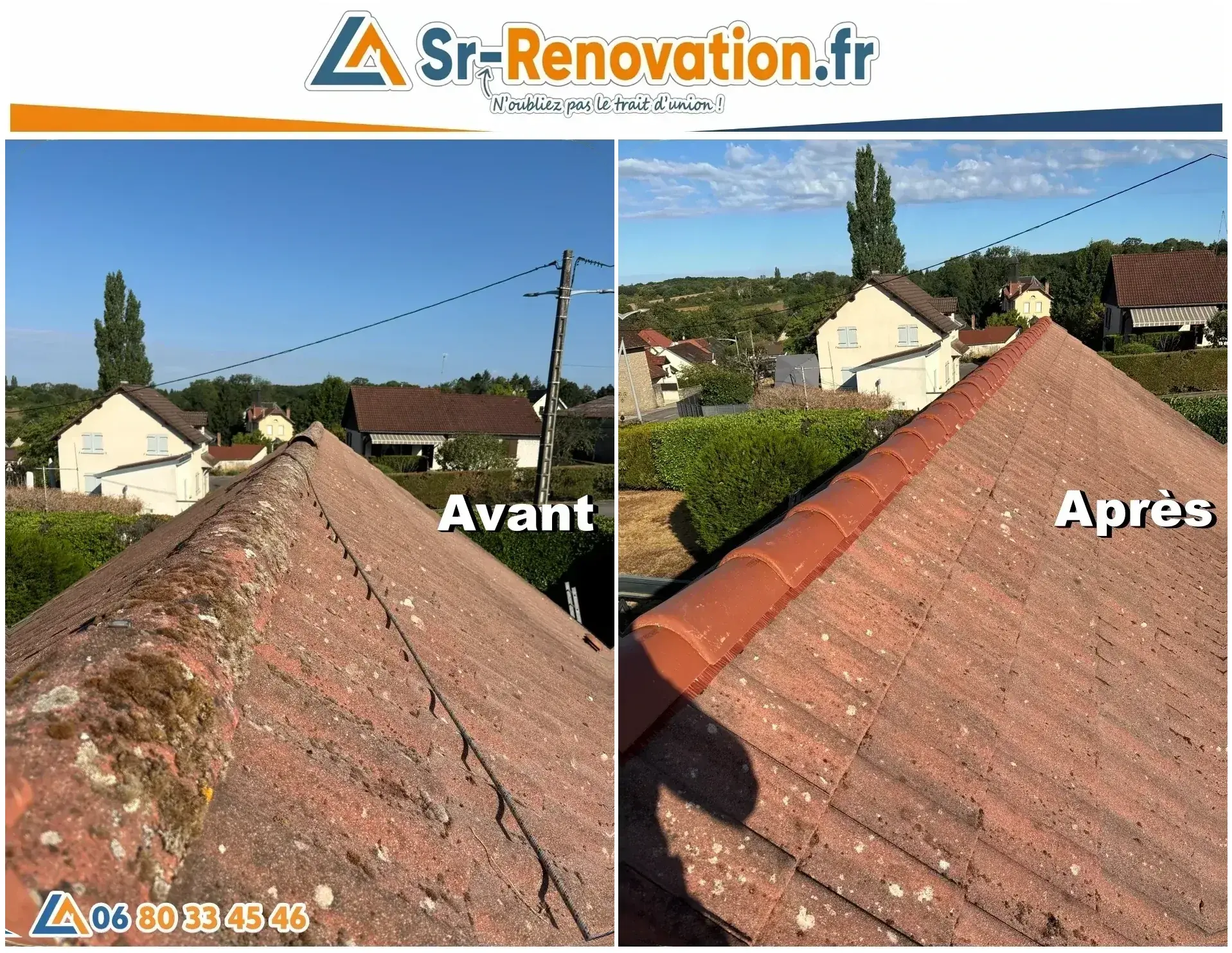 Avant/après réfection complète faîtage + closoir à Besançon