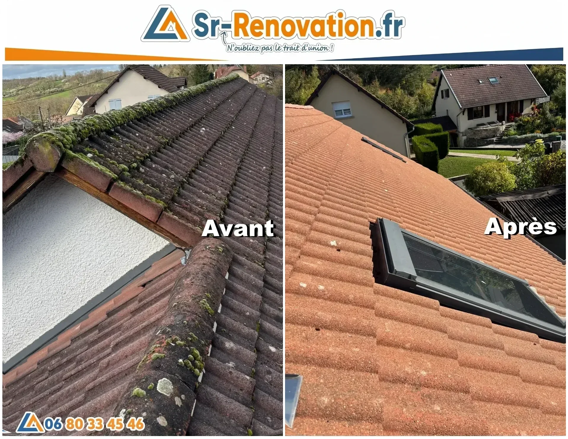 Avant/après démoussage et traitement de toiture à Besançon