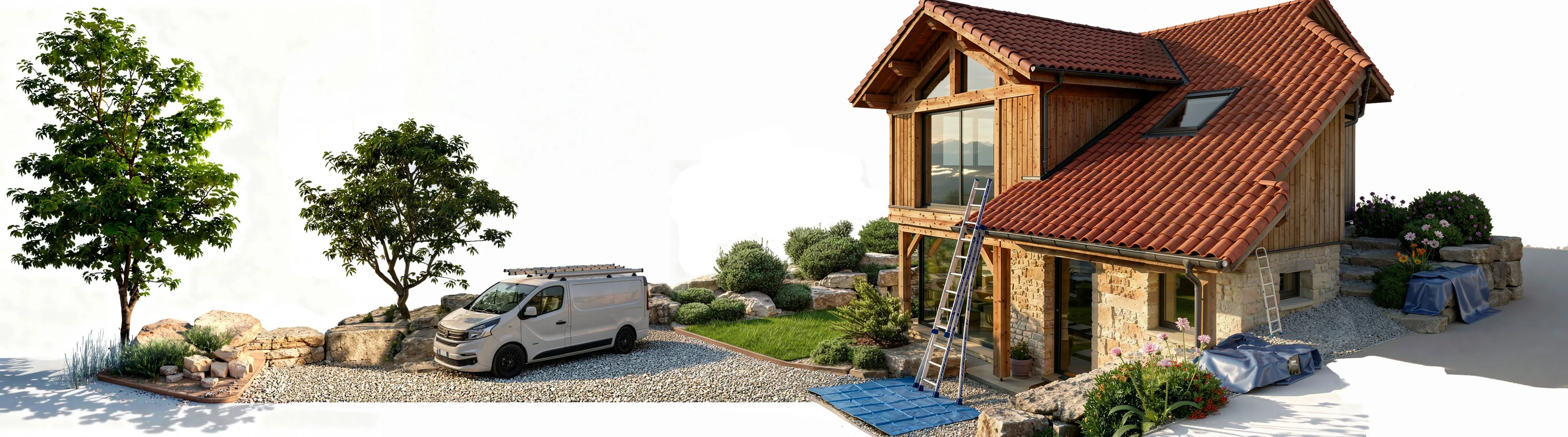Camion SR Rénovation devant une maison - intervention nettoyage toiture avec échelle