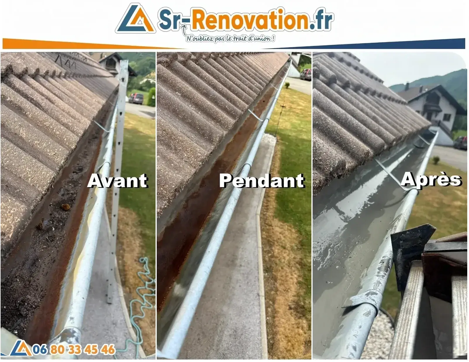 Avant/pendant/après étanchéité résine d'un chéneau de gouttière