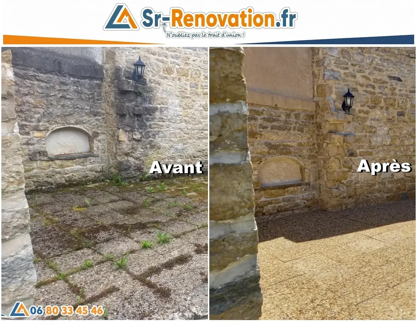 Avant/après nettoyage de pavés anciens à Poligny