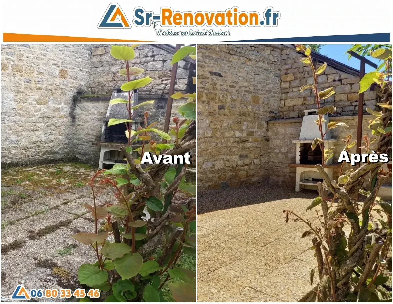 Avant/après nettoyage cour en pierre naturelle à Poligny