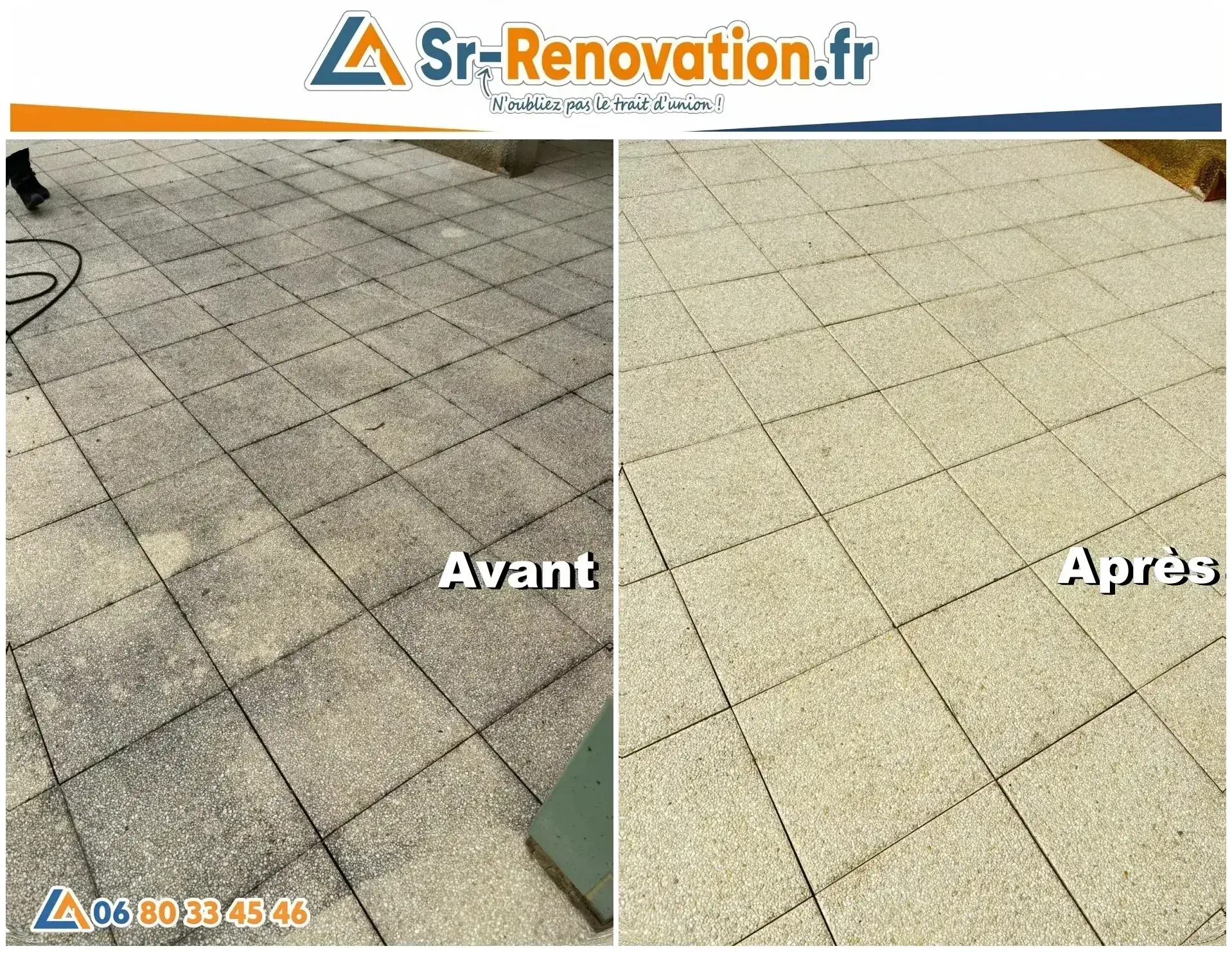 Avant/après nettoyage de dalles de terrasse gravillonnées