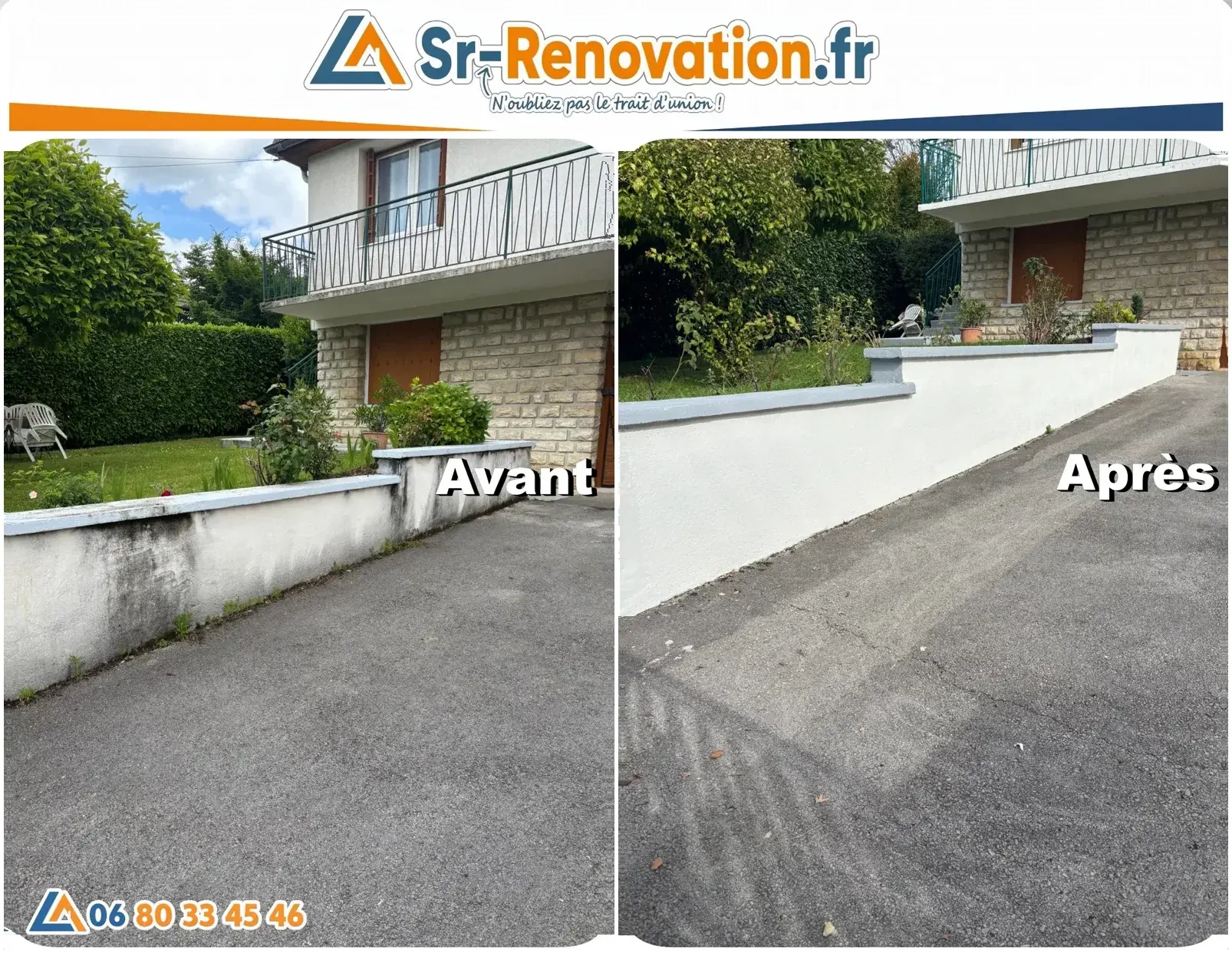 Avant/après nettoyage et peinture d'un muret à Lons-le-Saunier