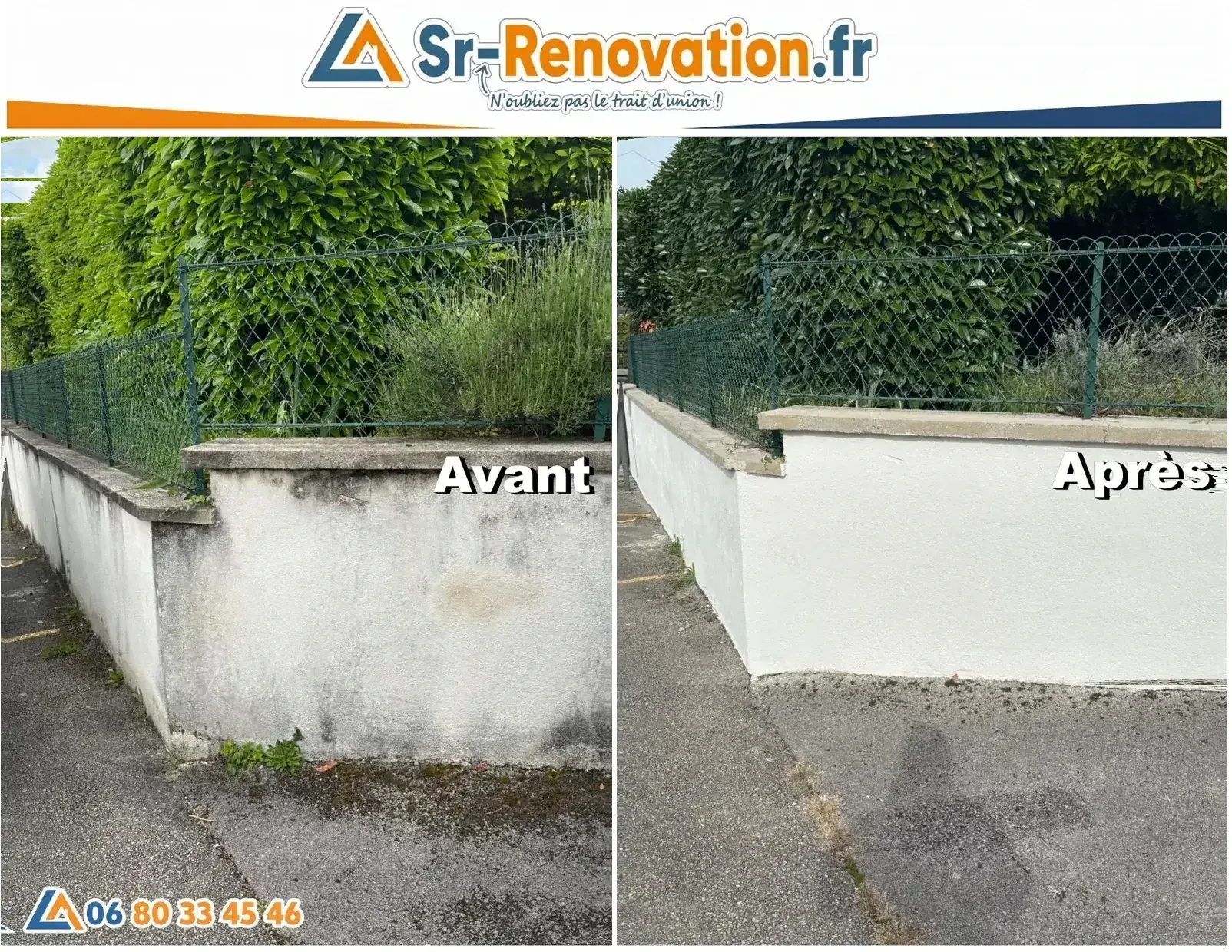 Avant/après peinture d'un muret extérieur à Lons-le-Saunier