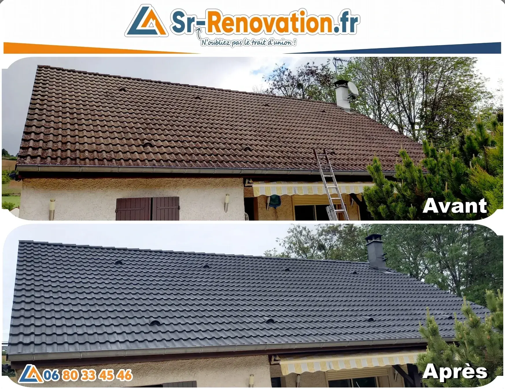 Avant/après peinture de toiture tuiles anthracite sur une maison complète