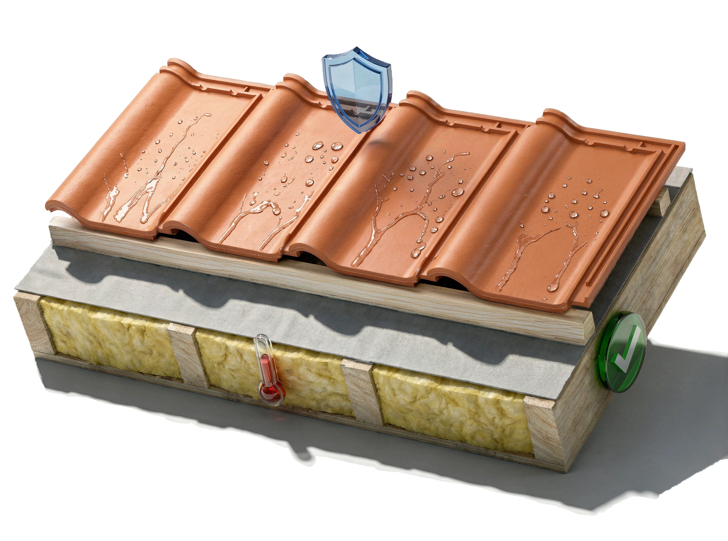 Toiture protégée - Hydrofuge appliqué, eau qui ruisselle